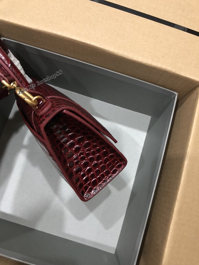 Balenciaga專櫃爆款小號手提女包 巴黎世家鱷魚酒紅色金扣Hourglass沙漏包 fyj1649